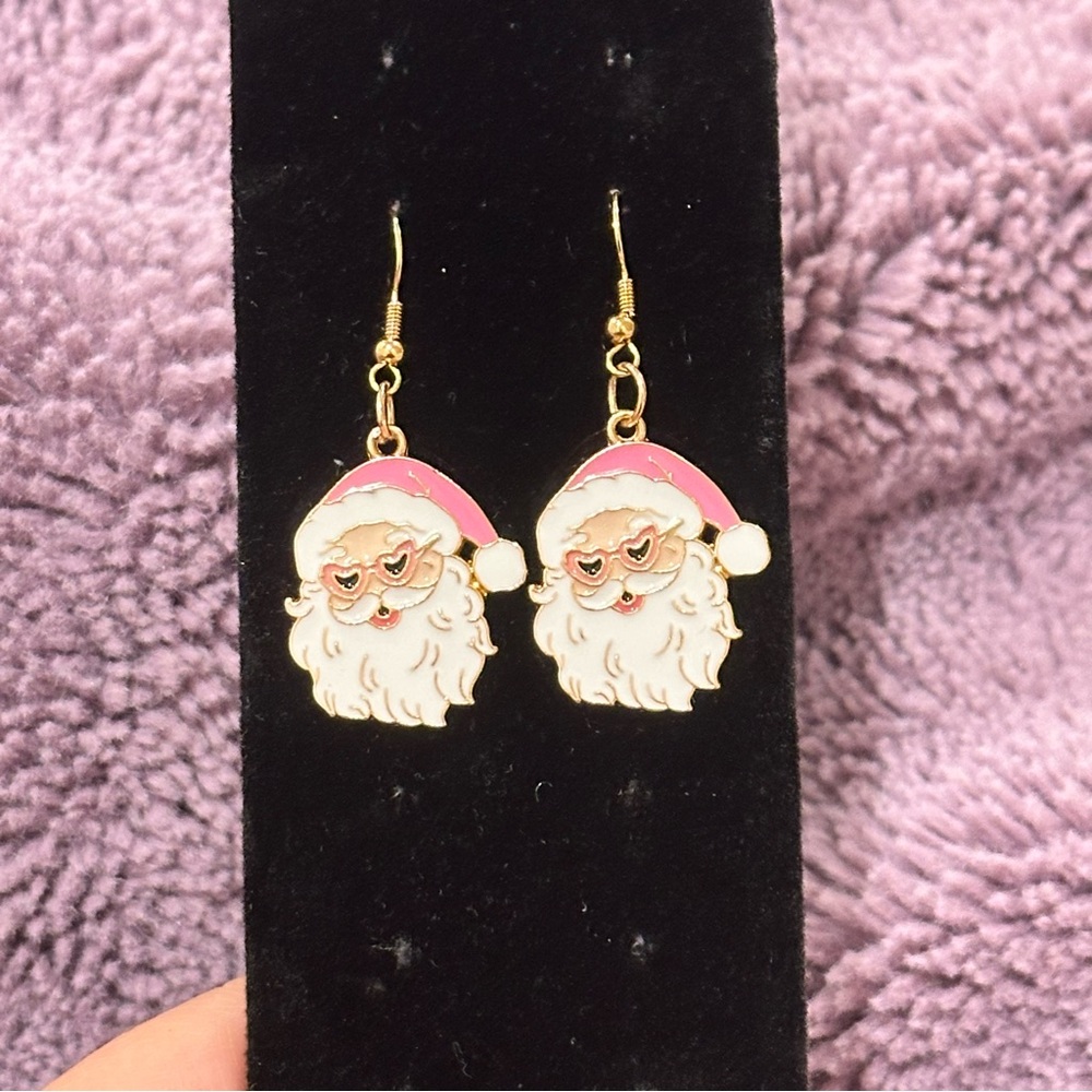 Pink and White Santa Earrings Festive Jewelry